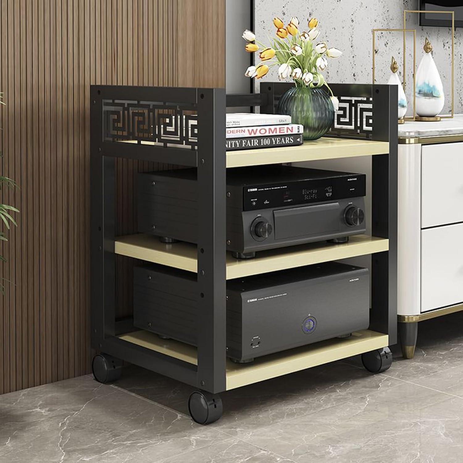 3/4/5 Tier Floor-Standing Audio Rack Wooden Floating Entertainment Center Shelves High Amplifier Rack Shelf/Audio-video Shelving Audio Rack Tower for Living Gaming Recording Room(White Maple