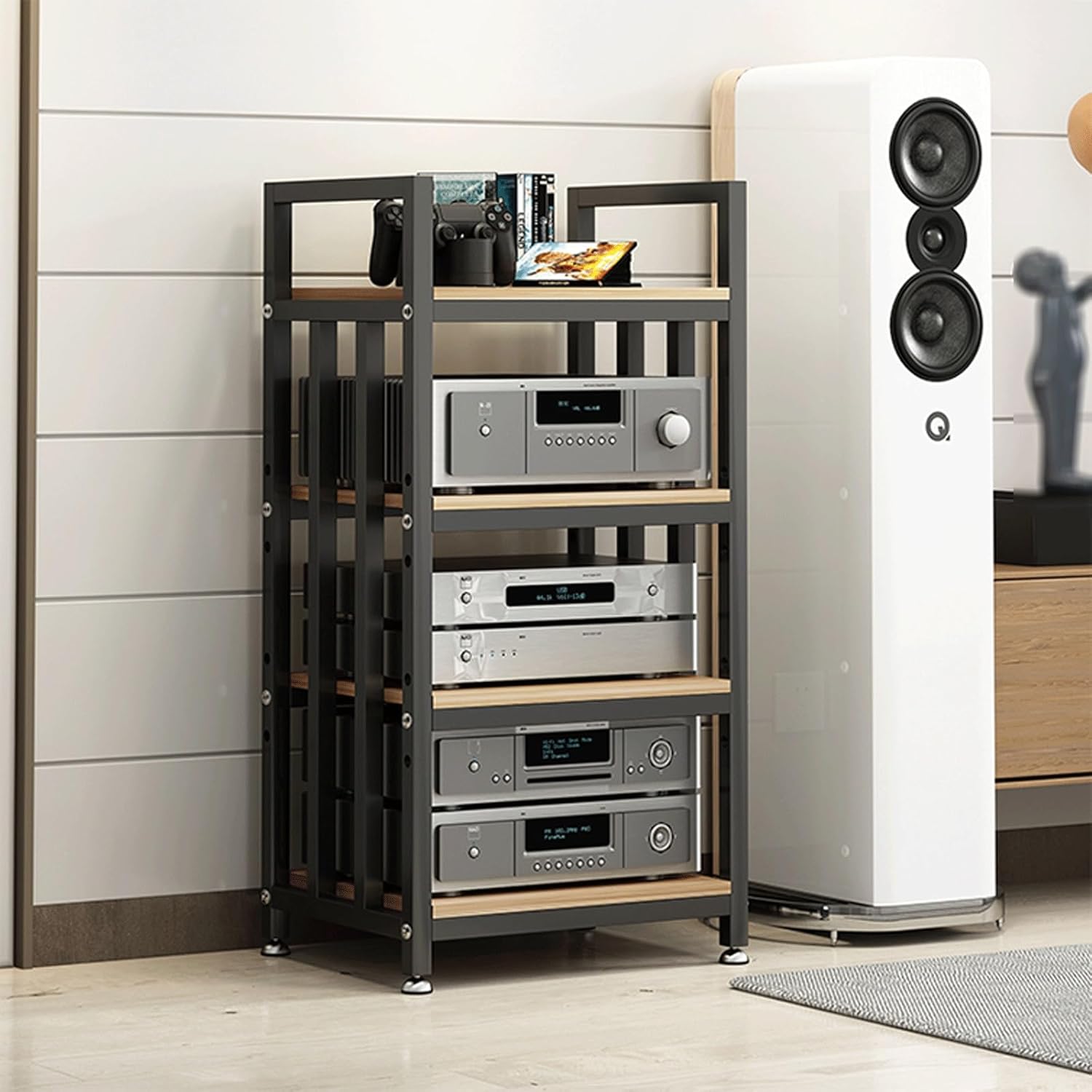 XMFBSY Medios 4 Tier AV Media Stand HiFi Record Player Stand with Adjustable Shelves Wooden Stereo Cabinet Audio Rack Tower for Power Amplifier Equipment Organizer