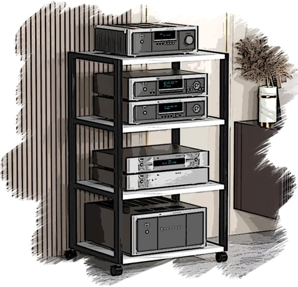 UYCVT Movable Wood Audio Rack - 5-Media Stand & Retro Storage Shelf for Cd Player Audio/Video Components Corner Entertainment Center Stylish Home Organizer-One Color-4Tier