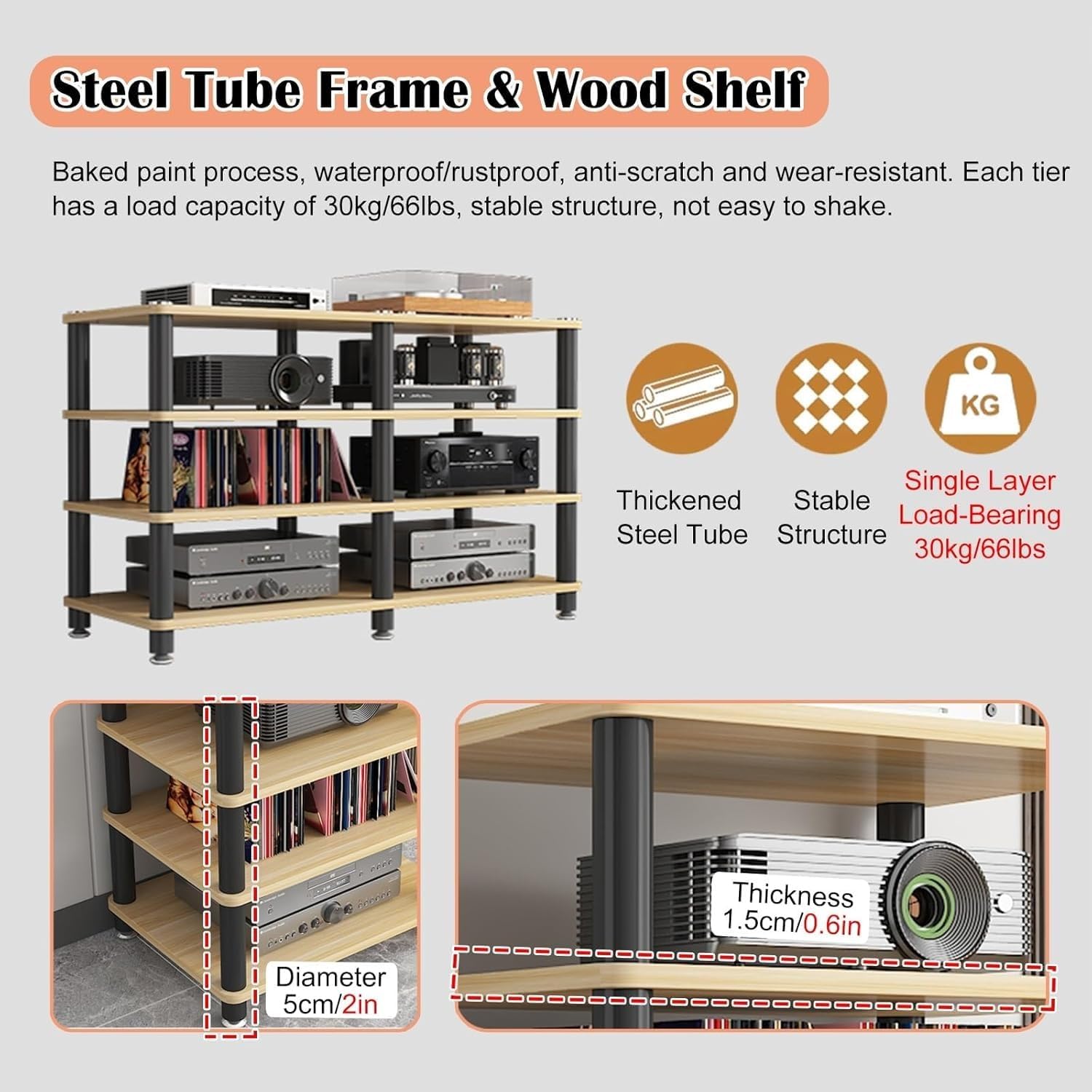 ROPCVAX 4 Tier Audio Component Rack Tower MultiFunctional Stereo AV Media Shelf for Home Office Amplifier Cabinet with Steel Frame Heavy Duty Wooden Storage Table Record Players Stand(White)