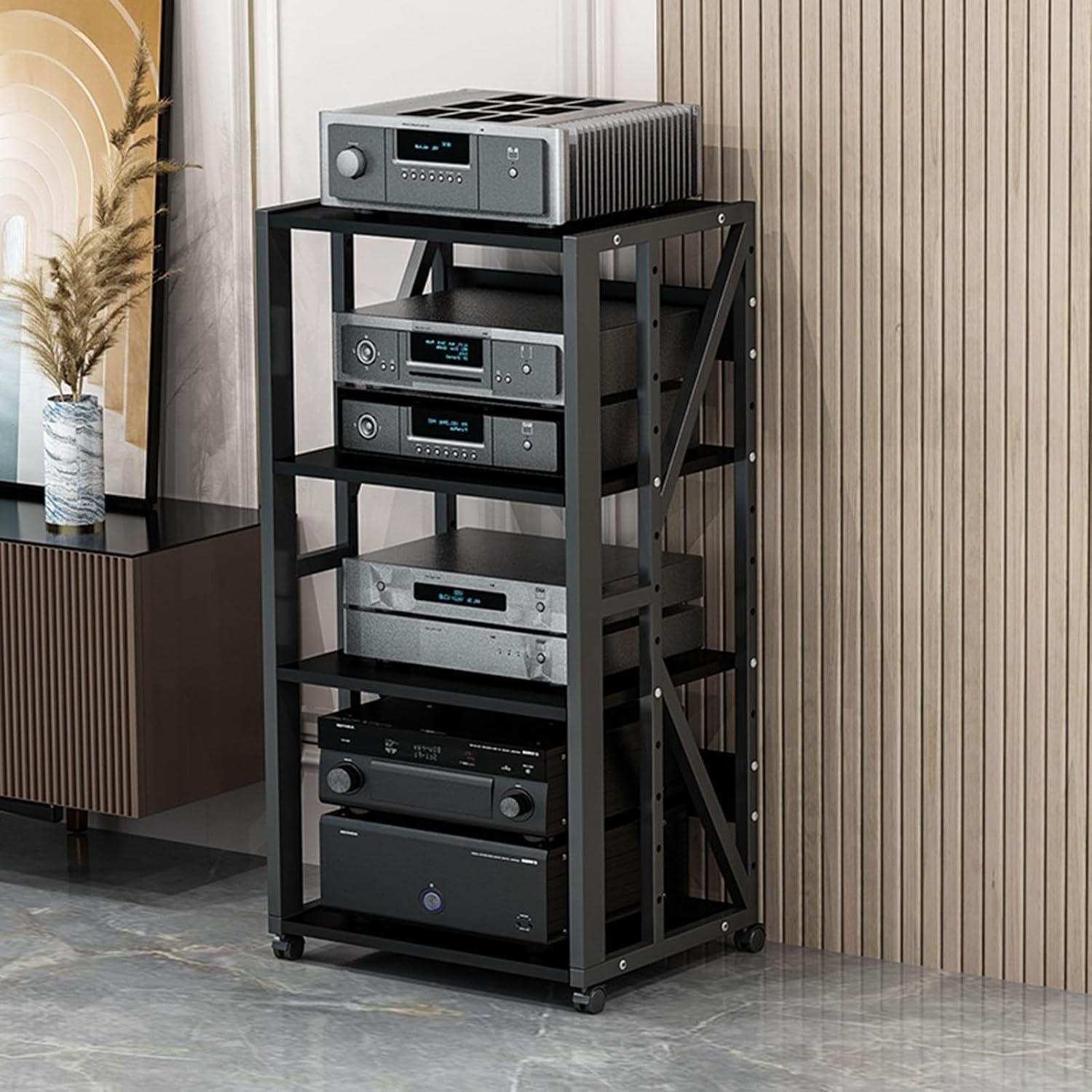 3/4/5-Tier AV Media Stand Cabinet Floor-Standing Audio Rack CD Player Stand Home Corner TV Stand Stereo Components Cabinet Multi-Function Open Storage Shelf with Wooden Shelves (Color : Black - B