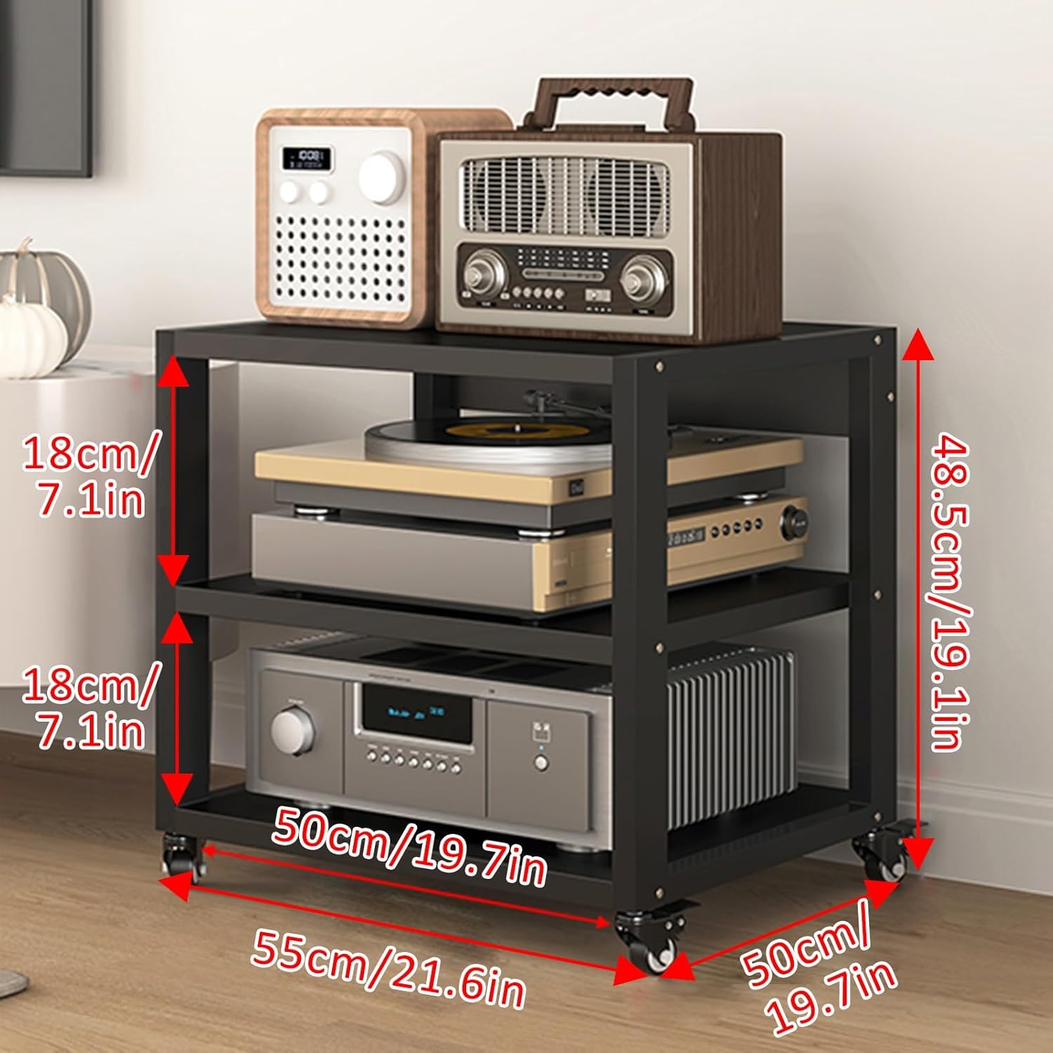 Stereo Stand Record Player Stand with Vinyl Storage Modern with Wheels Audio-Video Media Stand 5-Tier Shelves Audio Video Record Player Stand Cabinet Router DVD Shelf Corner TV Entertainment Center(55