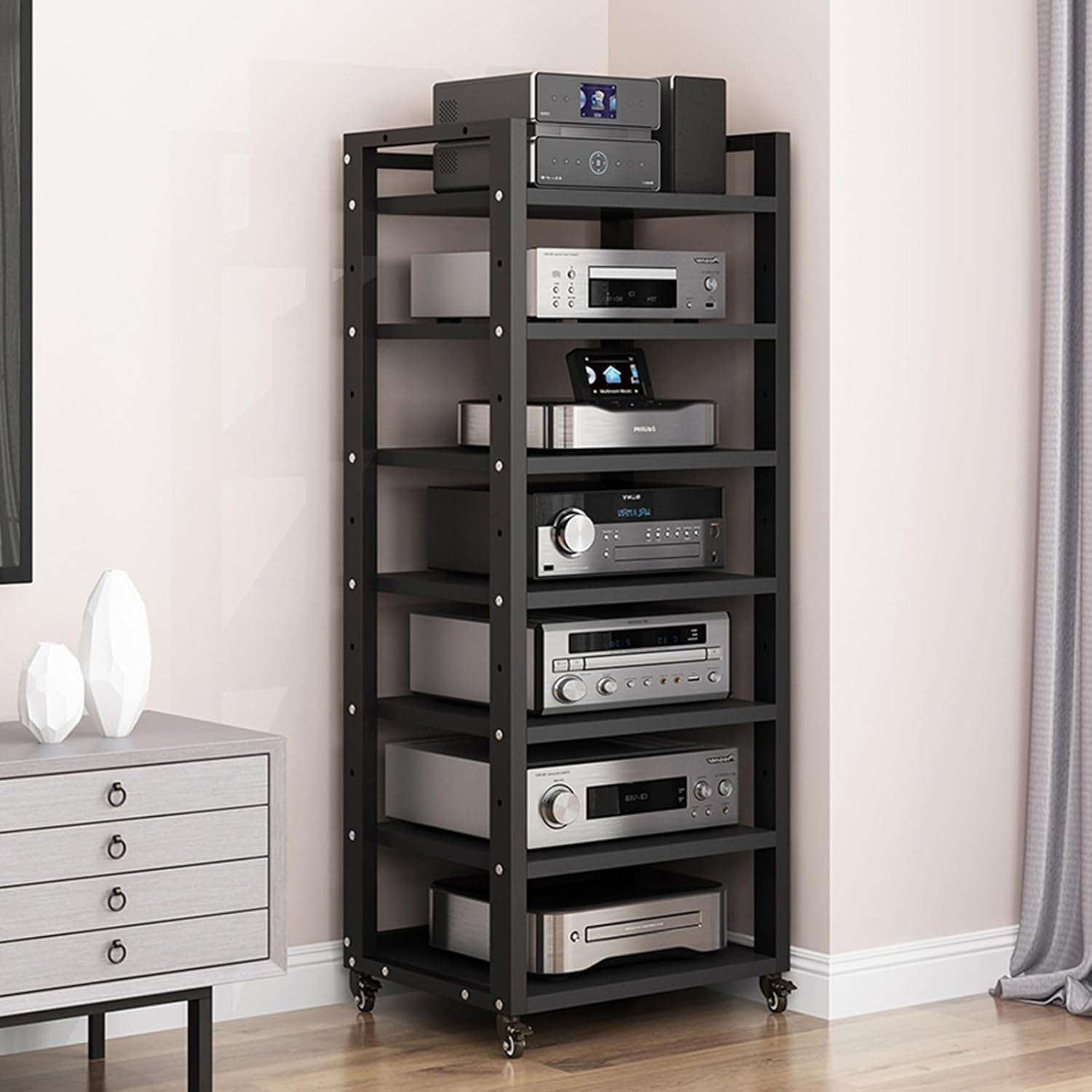 AV Media Stand Audio Rack CD Player Stereo Components Storage Cabinet with Height Adjustable Wooden Shelf - Perfect for Home/Office/Theater