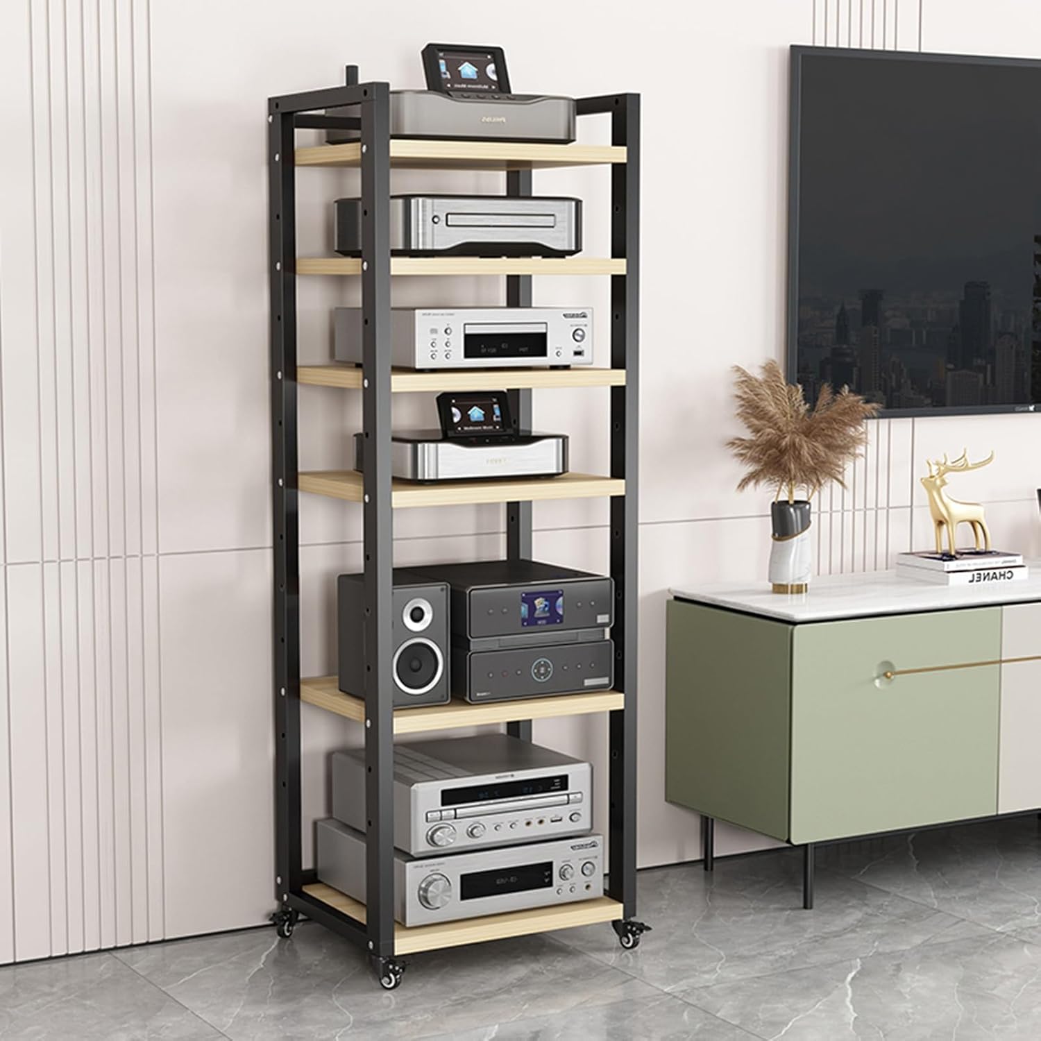 6-Tier AV Media Stand Corner Shelf/Video Component Cabinet with Height Adjustable Wooden Shelf