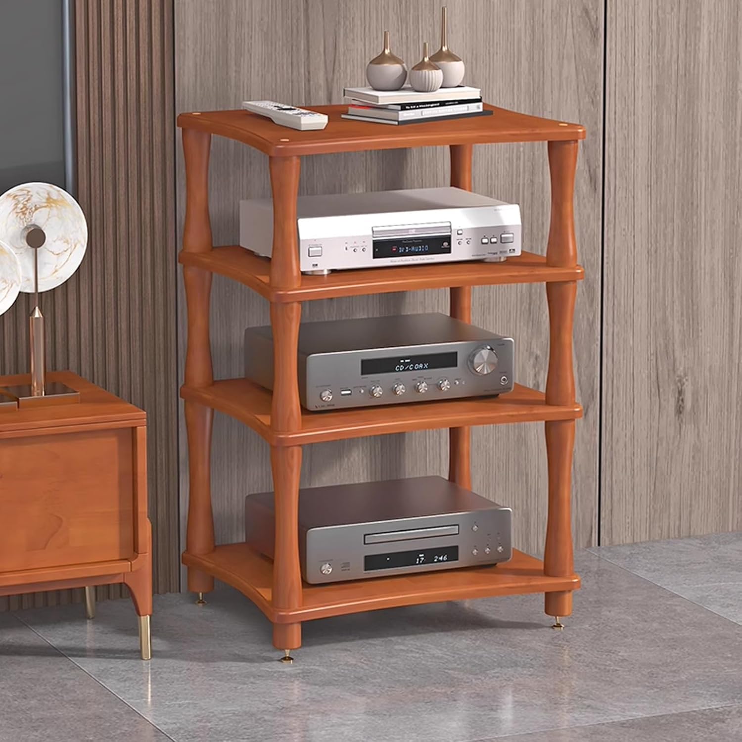 Fakednss 4 Tier AV Wooden Media Stand - Solid Wood Media Storage Shelves
