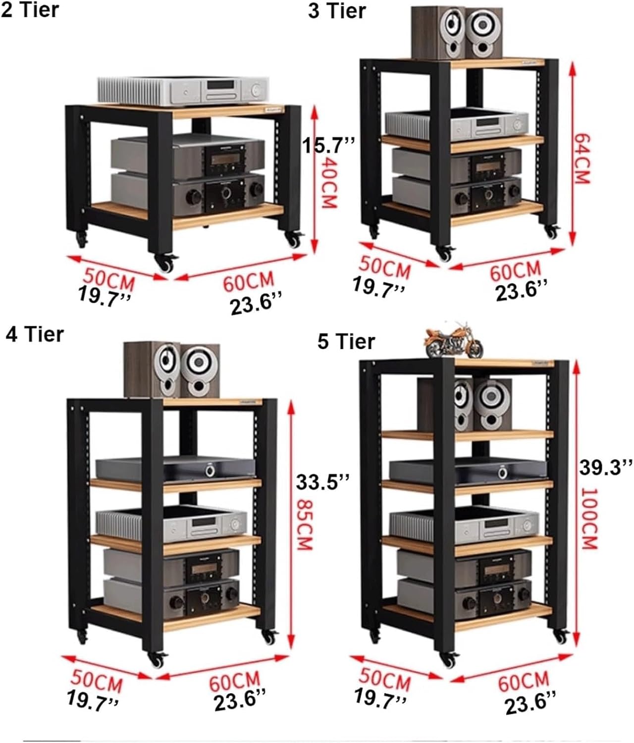 KUddYYKi Audio Rack Adjustable Stereo Rack Audio Equipment Movabled Rack Audio Open Rack Cabinet Wooden HiFi Rack Audio-Video Shelving with Wheels(Nero