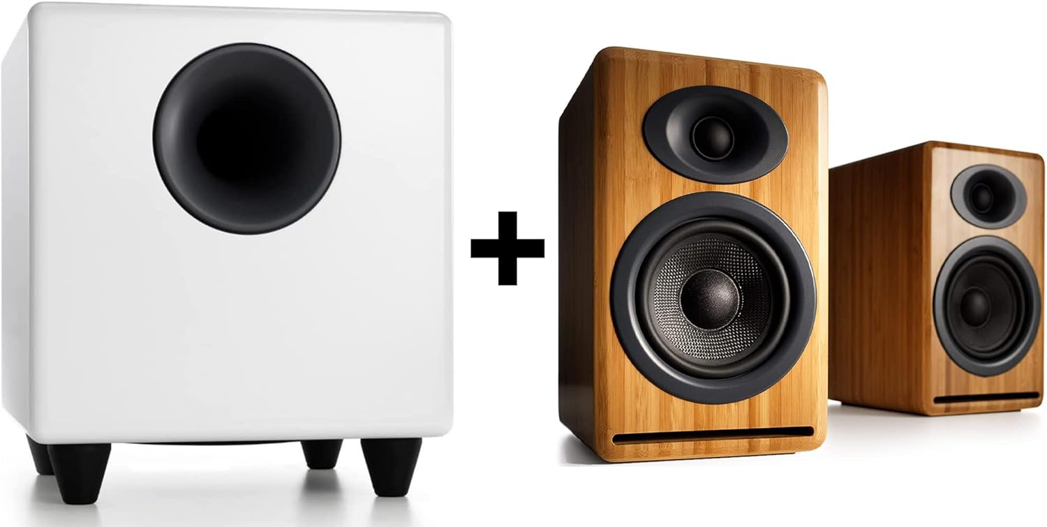 Audioengine P4 Bamboo Passive Bookshelf Speakers and S8 White Subwoofer