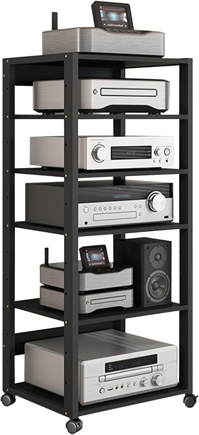 OGMOYT Modern Media Stand Stereo Cabinet Storage Rack Audio Video Shelving 6 Tier Tower With Wheels Ng Shelf Console Shelf Black