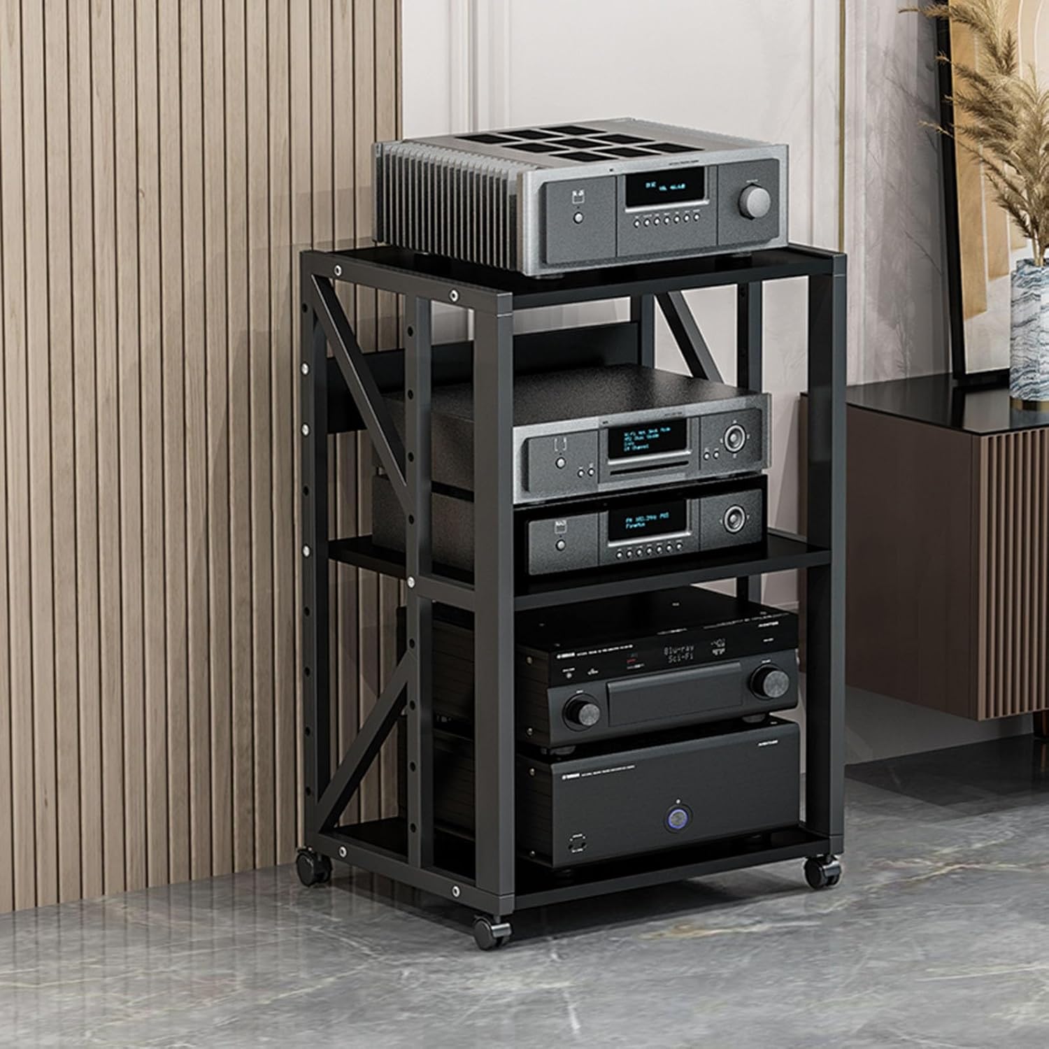 DLYZAYE 3-Tier AV Media Stand Wooden Corner Shelf Movable Audio/Video Component Cabinet Stereo Stand Audio Tower and Media Center with Wheels for Home/Office/DJ/Theater