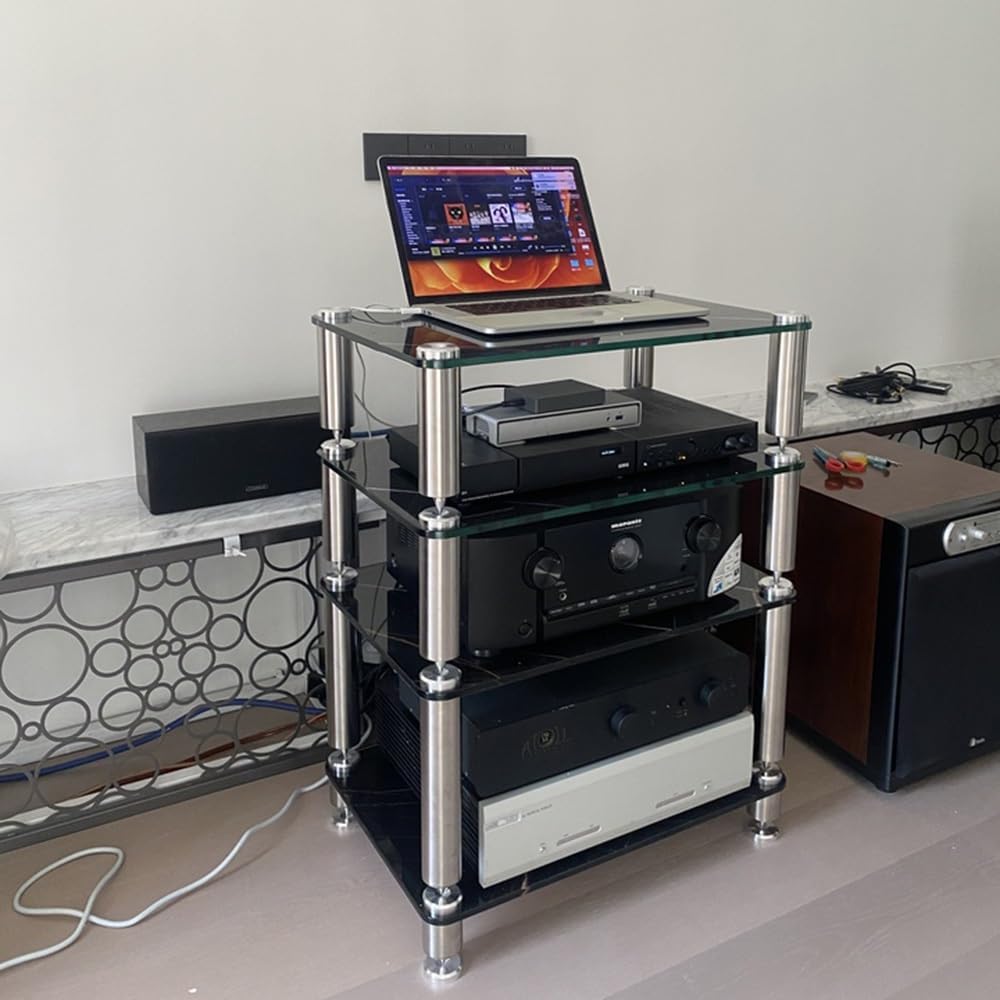 KGPGNYMYHA Glass Media Stand 2 3 4 Tiers AV Media Stand Audio Video Component Cabinet Stereo Racks Stands Record Player Stand CD DVD Player Stand(Black