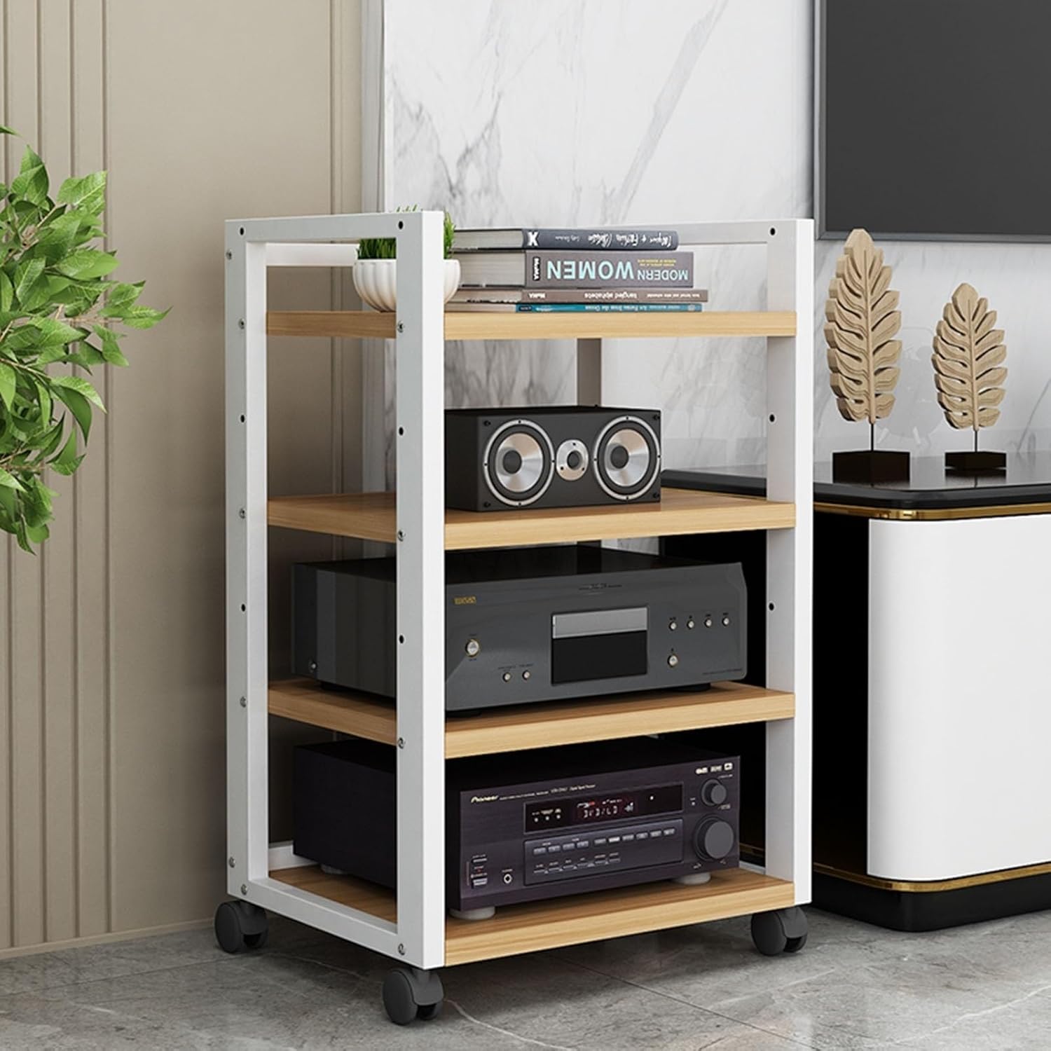 4/5/6-Tier Movable Media Stand DVD CD Player Stand Modern Stereo Component Open Storage Cabinet Audio Vedio Rack Tower with Height Adjustable Wooden Shelf for Home Office Theater (Color : 4 Tier