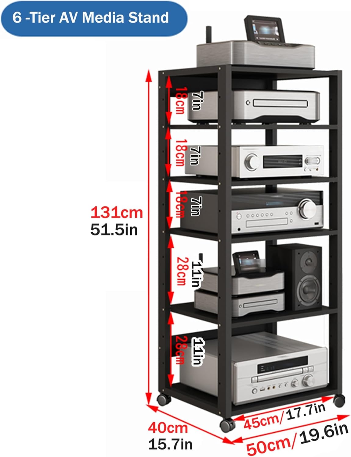 OGMOYT Modern Media Stand Stereo Cabinet Storage Rack Audio Video Shelving 6 Tier Tower With Wheels Ng Shelf Console Shelf Black