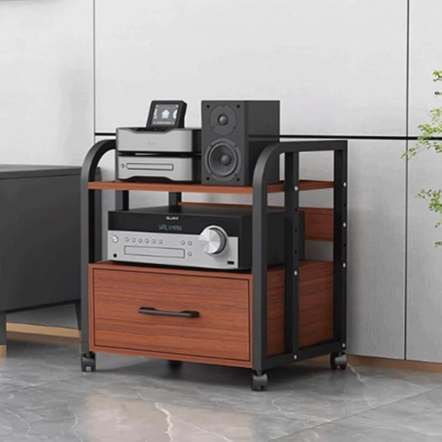 LYXWGRZD Media Stand 2/3/4 Tier Stereo Rack Audio Equipment Rack Audio Open Racks Media Storage Cabinet Wooden with Drawer AV Stand for Home Office Etc(Teak