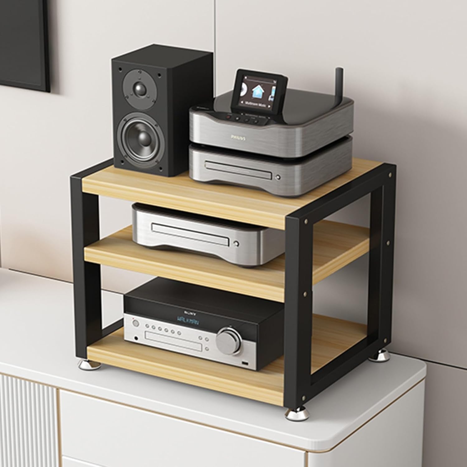 UYCVT Multi Function Stereo Cabinet for Home/Office/Theater 3 Tier Media Stand Open Audio Rack Component Cabinet-Light Walnut-3 tiers-w45cm