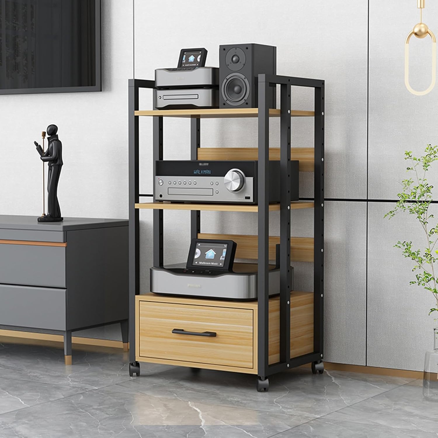 UYCVT Movable Media Stand 2/3/4-Tier Movable Audio Rack Av Media Stand Cd Player Stereo Component Storage Cabinet Corner Media Center and Drawer-A-2-3 Tier-50x40x100cm