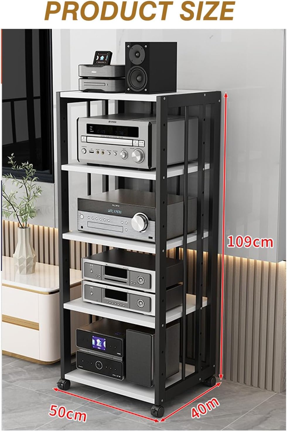 Media Stand Removable Audio Stand 5-Layer Wooden Shelf for AV Media Stand CD Player Stand Stereo Component Storage Cabinet with Height Adjustable Wooden Shelves