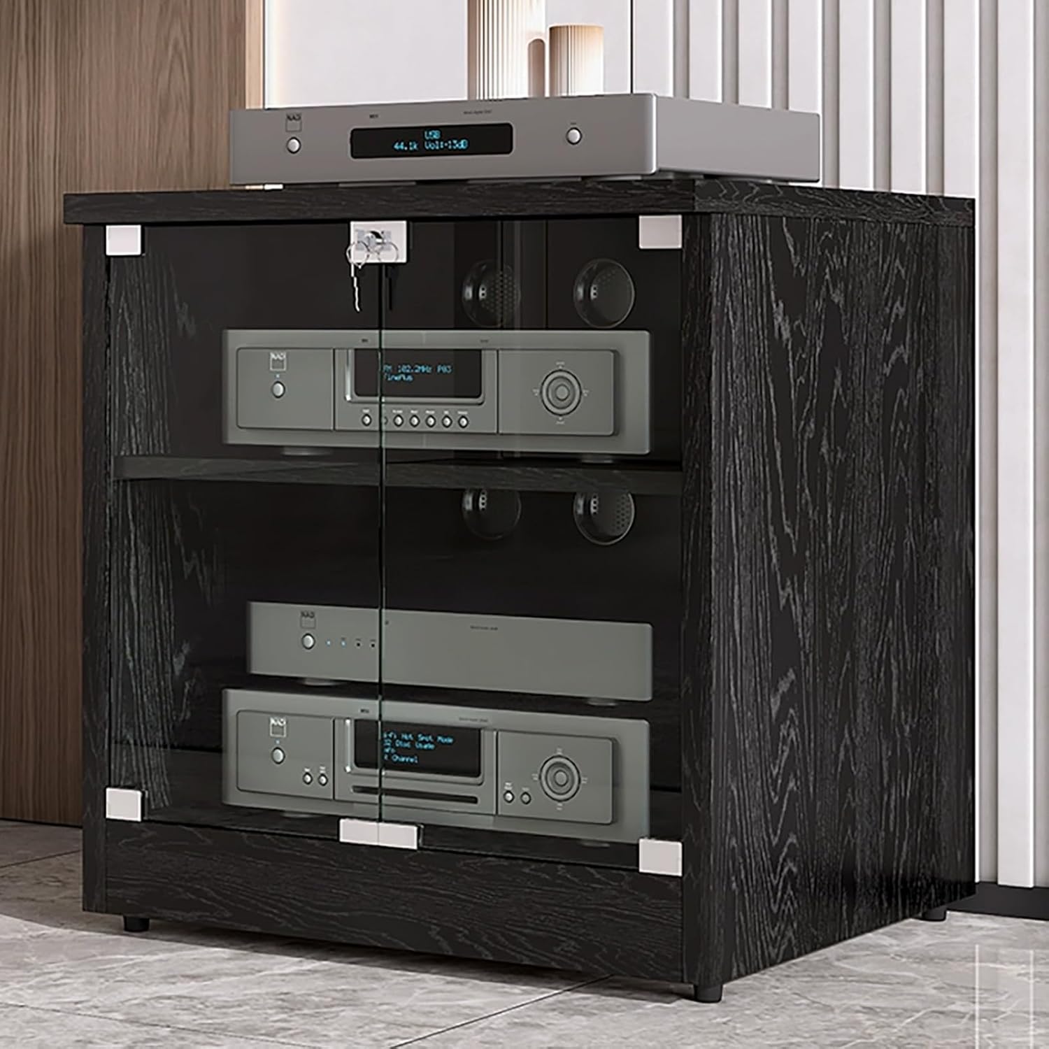 UYCVT Wood Tv Stand with Glass Door Adjustable Shelves Cable Holes White Audio Rack for Av Media Storage 3 Tier Stereo Cabinet-Black-2 Tier 120x48x37CM