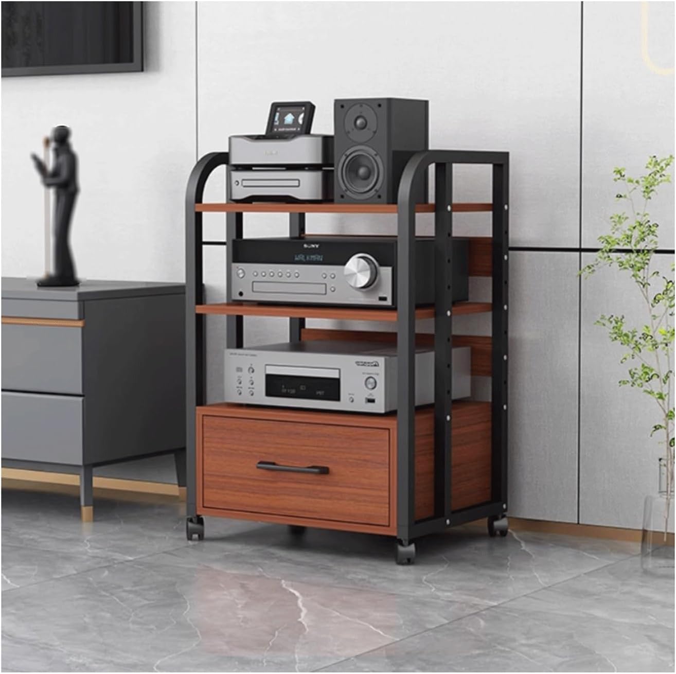 XMFBSY Medios 2/3/4 Tier AV Media Stand with Drawer HiFi Stand Audio Rack Tower with Adjustable Shelves Wooden Video Game Console Shelf for Record Player Organizer(Rojo