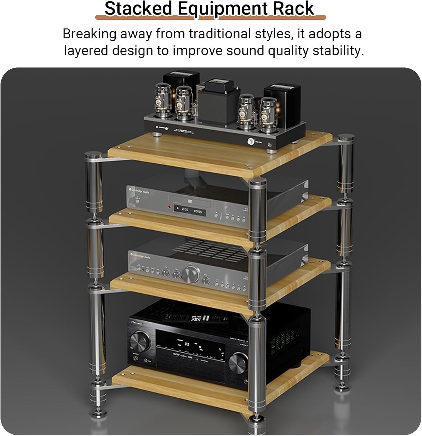 YITAYMLI 1/2/3/4 Tier Audio Video Media Rack Tower AV Stereo Cabinet DVD Component Shelf Stainless Steel Support Columns Wood Component Shock Absorption Rack for Home(Wood