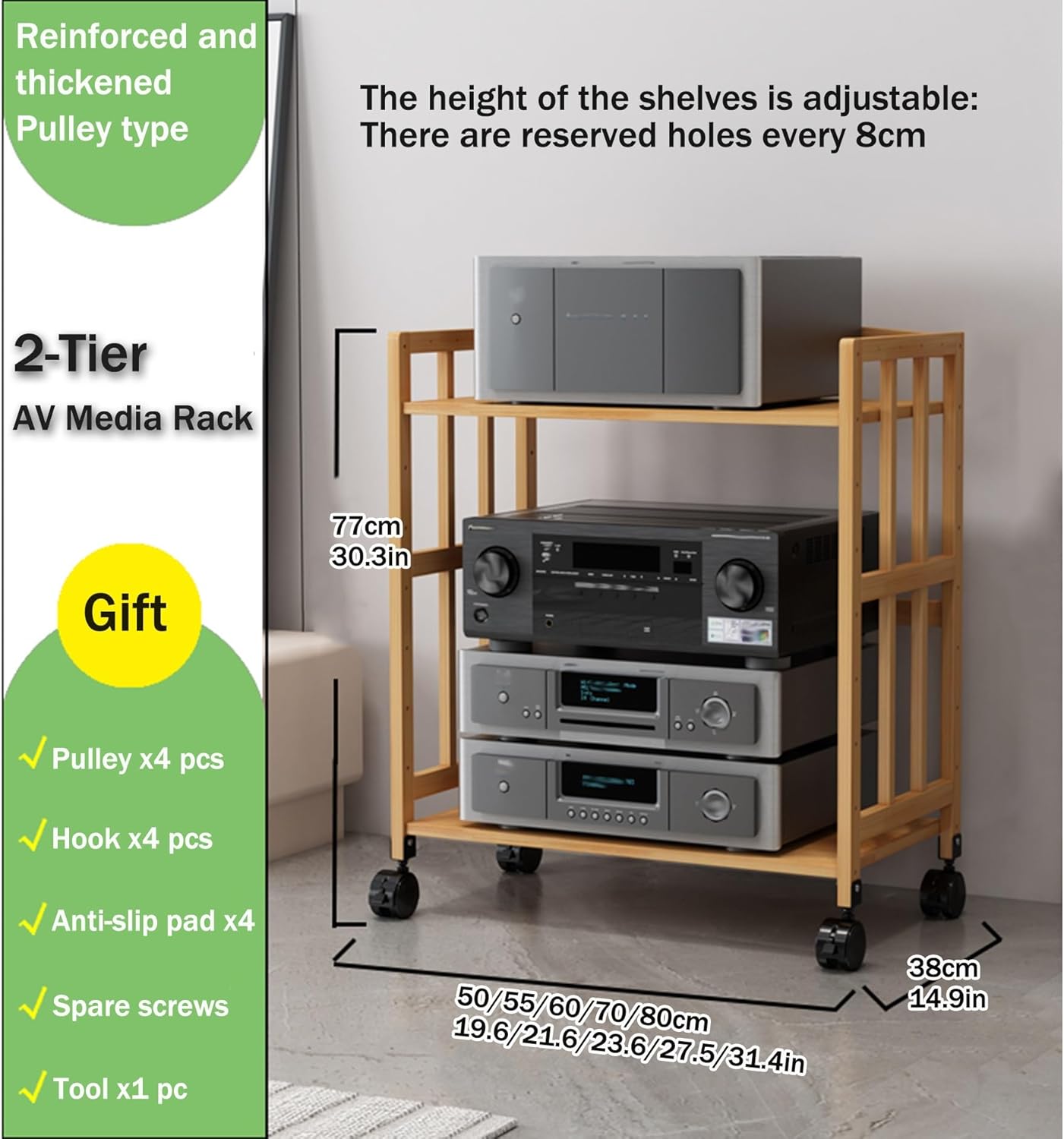 DLYZAYE 2/3 Tier AV Media Stand - Wooden Stereo Shelf Tower for TV