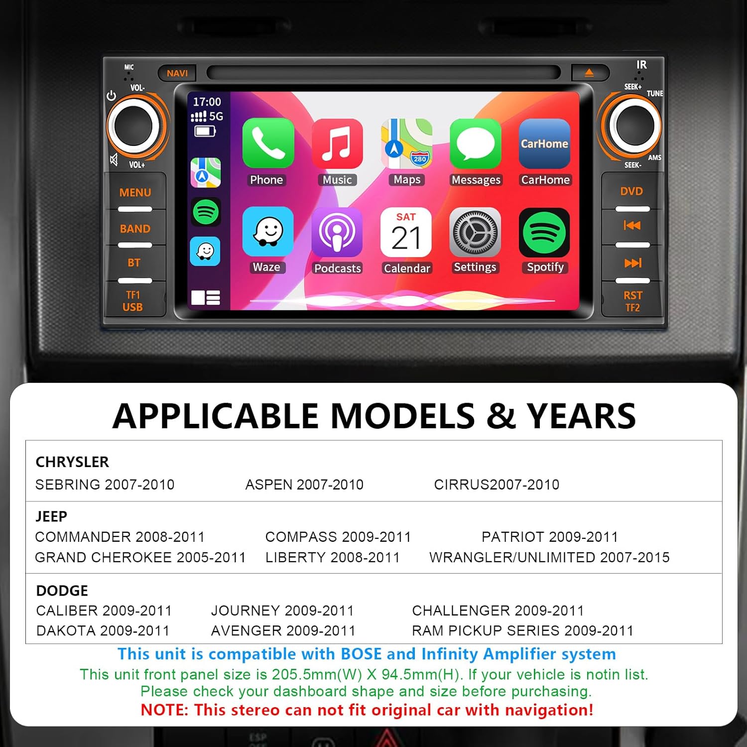 Car Stereo Radio DVD CD for Jeep Wrangler JK Compass Grand Cherokee Liberty Dodge Caliber Journey Ram 1500 Chrysler 300C Sebring Touchscreen Wireless CarPlay Android Auto GPS Bluetooth AM/FM SWC