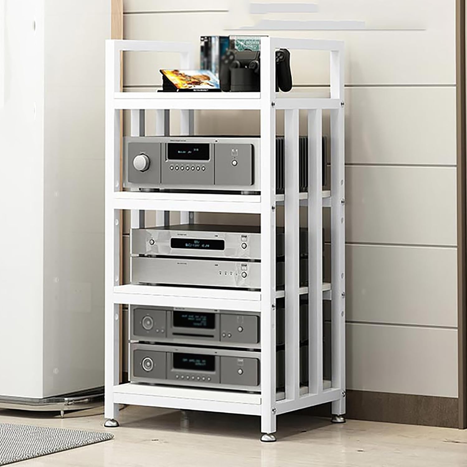 3/4-Tier AV Media Stand Corner Shelf for Record Player Wooden Stereo Cabinet Corner TV Stand Audio Rack Tower Audio-Visual Shelving with Height Adjustable Shelves Corner Entertainment Center(White