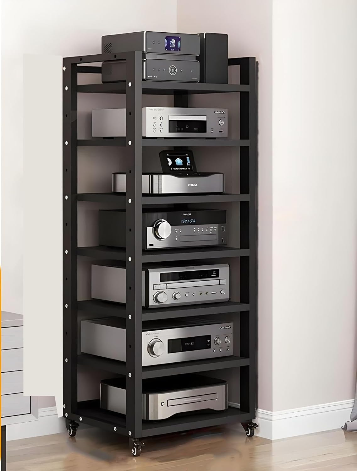 SRNSAEB 4/5/6/7 -Tier Movable AV Media Stand CD Player Stand Stereo Component Cabinet with Height Adjustable Wooden Shelf for Home/Office/Theater