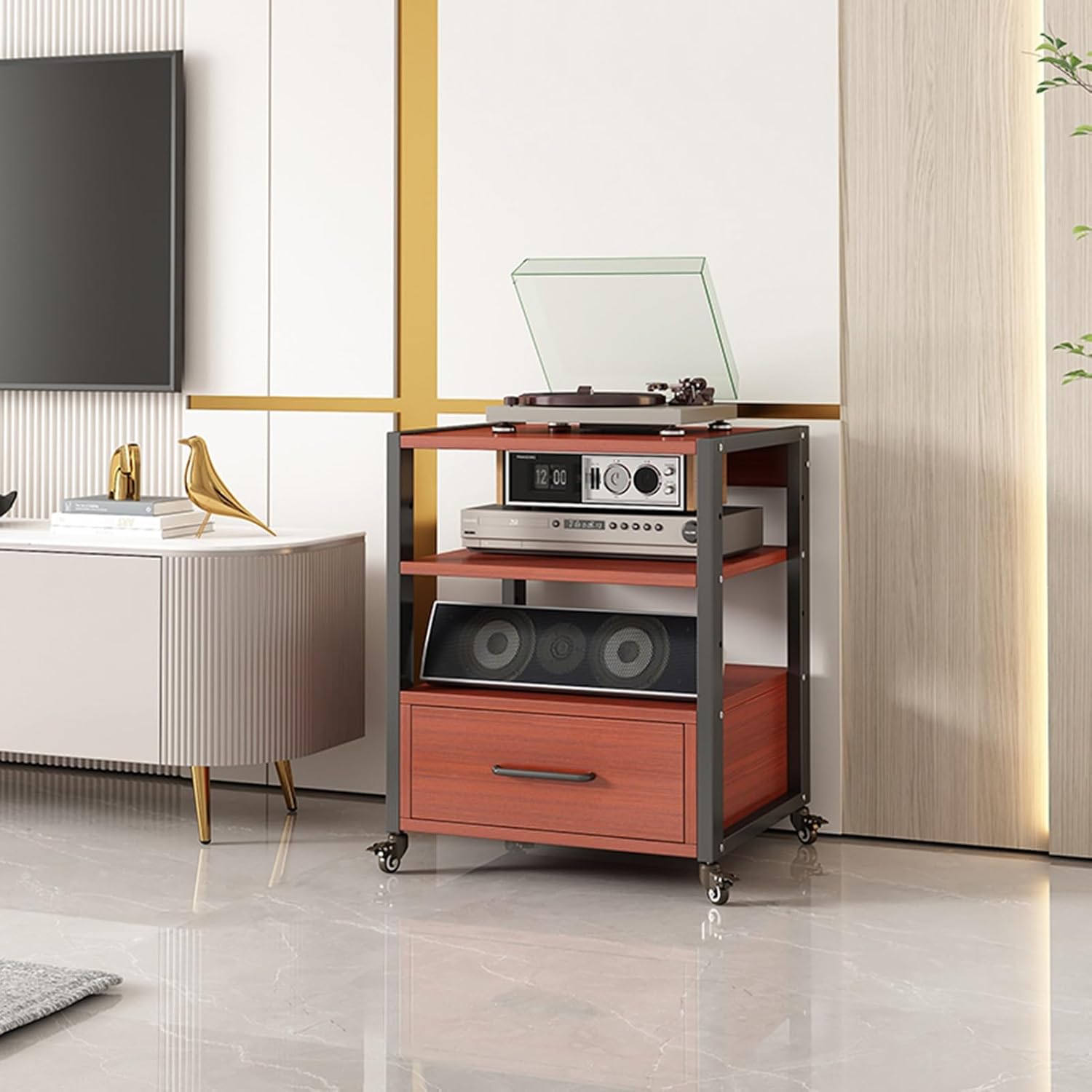 Media Stand Movable AV Media Stand Component Cabinet Open Storage Corner TV Stand Record Player Stereo Rack Audio Tower with Height Adjustable Wooden Shelves and Drawer for Home/Office/Theat