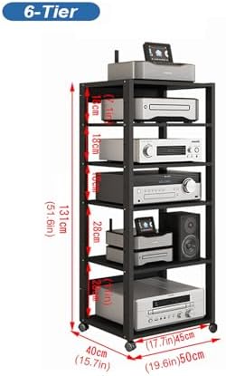6-Tier Heavy-Duty AV Media Stand with Adjustable Shelves & Wheels - Corner TV Cabinet for Audio/Video Components