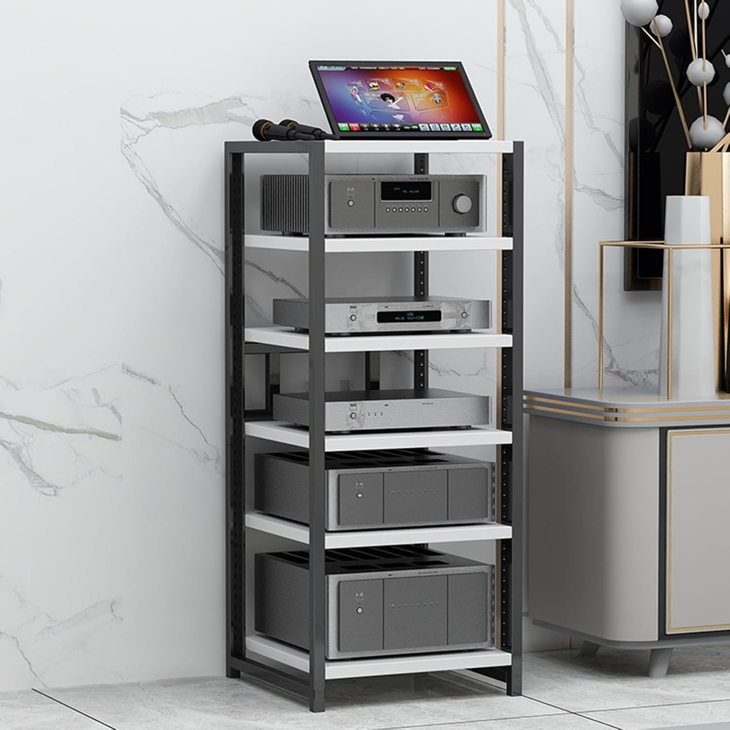 6-Tier Media Stand Audio Video Component Cabinet DVD CD Player Stereo Stand with Height Adjustable Wooden Shelves