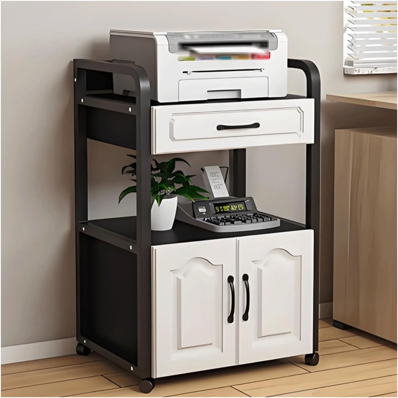 XMFBSY Medios 2 Tier HiFi Stand AV Media Stand with Drawer & Door Open Storage Stereo Cabinet Modern Video Game Console Shelf for Consoles DVD Record Player Organizer(Black)