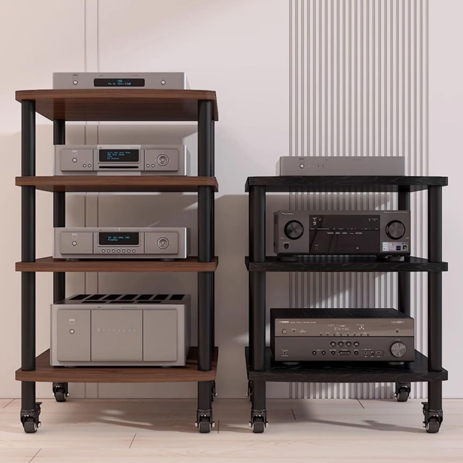 Tall Heavy Duty Audio-Video Media Stand Modern Audio-Video Media Stand with Universal Wheels Audio Rack Stand Tower Floor-Standing Audio Rack for Living Gaming Recording Room Office.(Black