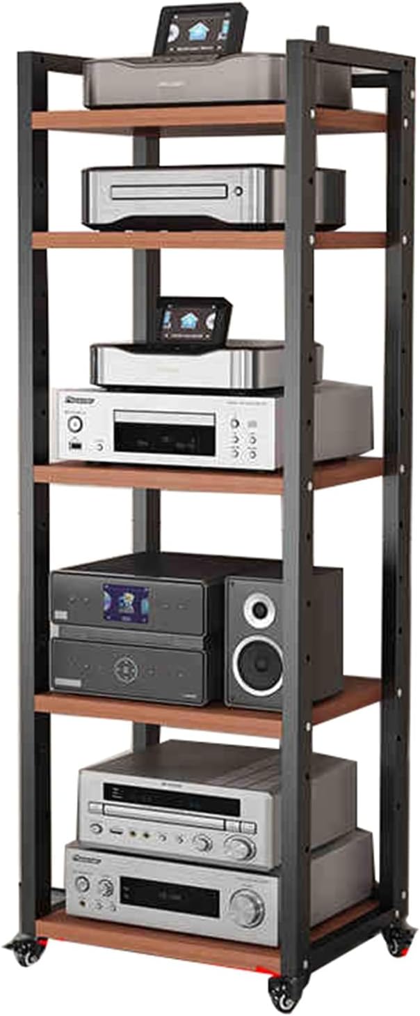 YLQFGUVWK Media Storage Cabinet Record Player Stand 6-Layer Wooden Shelf with Height Adjustable Wooden Shelf for Home/Office/Theater(Teak Color
