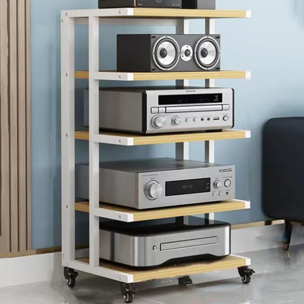 NILZA Audio Stand HiFi Rack AV Cabinet Media Stand Audio Video Component Cabinet with Brake Wheel 4/5/6-Tier Stereo Rack Corner Rack Audio Tower Open Audio Cabinet(White+Walnut
