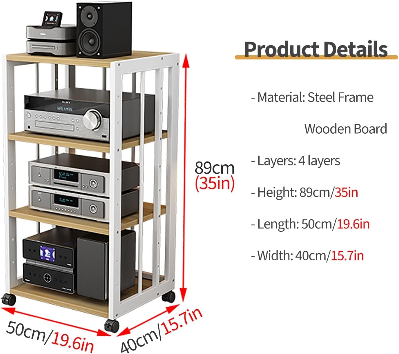 Audio Video Tower Media Stand - 2/3/4/5 Shelf Stereo Rack Component Unit - Open-Ended Electronics Equipment Shelf for Home Office Living Room(4 Tier- H 89CM/35in)
