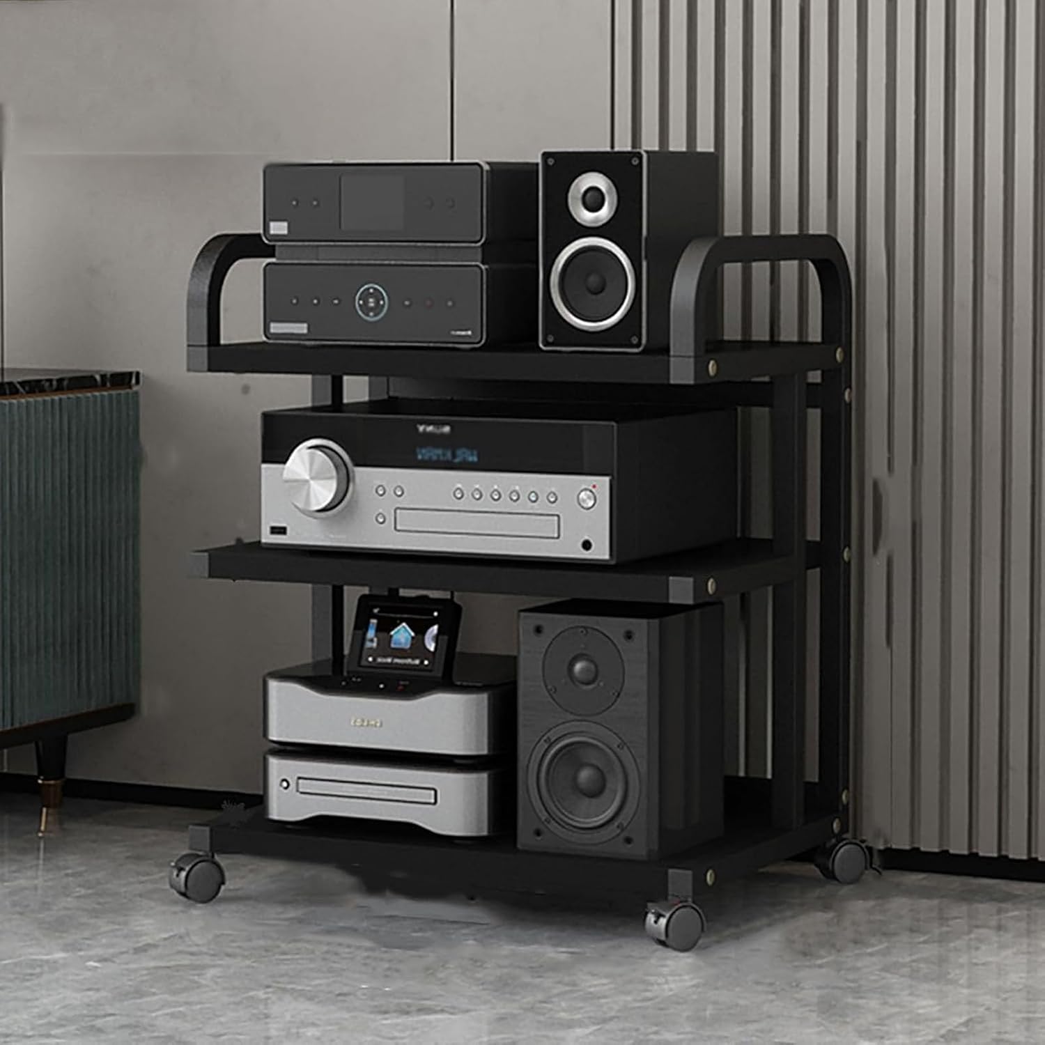 Movable 3/4/5 Tier AV Media Stand Corner Shelf Adjustable Storage Rack Floor-Standing Multi-Function Shelf Cabinet Component Cabinet Stereo Audio Rack Stand Tower Perfect for Home/Office/DJ/Theater (