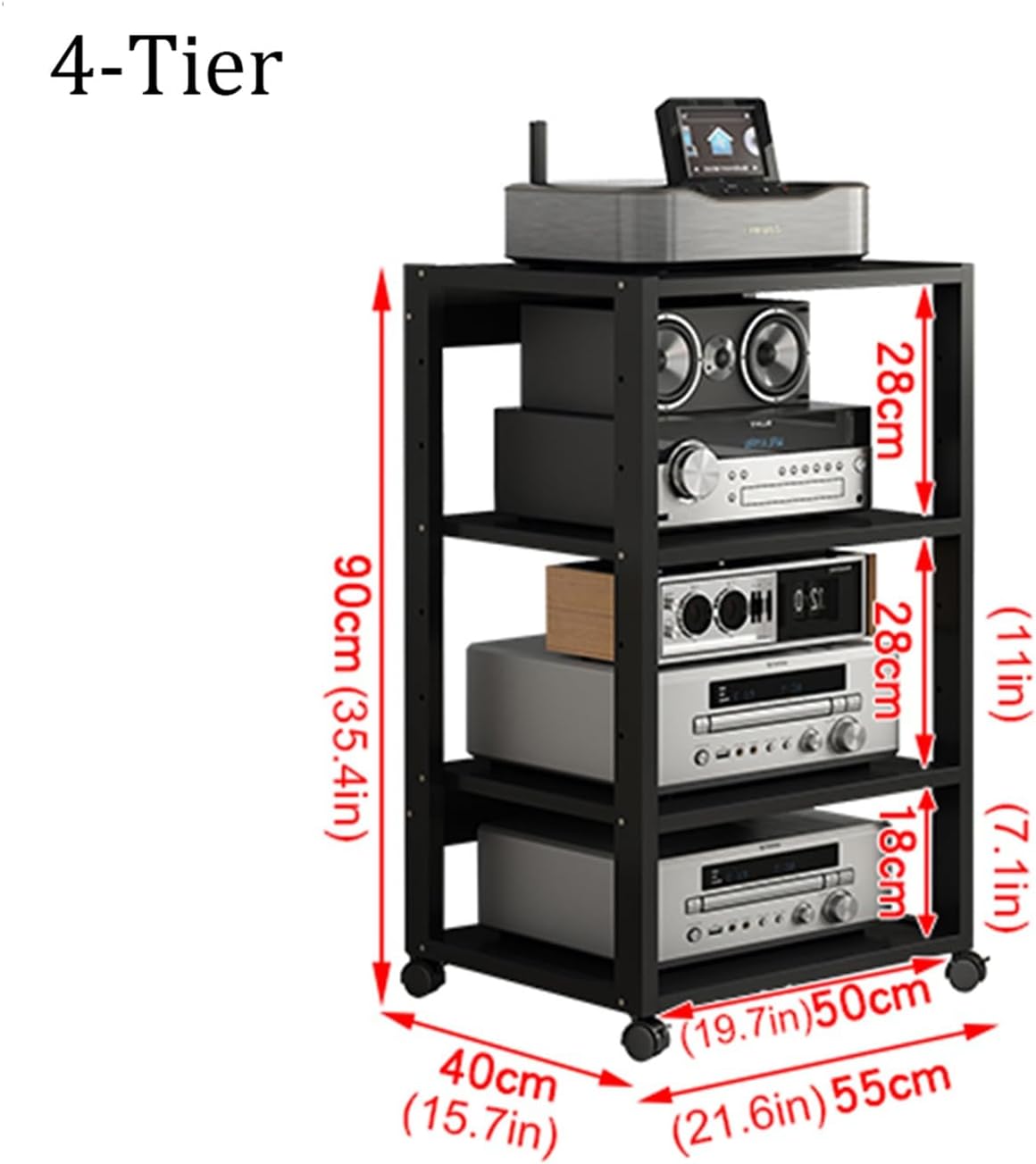 4/5-Tier AV Media Stand Movable Audio Tower CD Player Stand Stereo Component Storage Cabinet with Height Adjustable Wooden Shelf for Home/Office/Theater