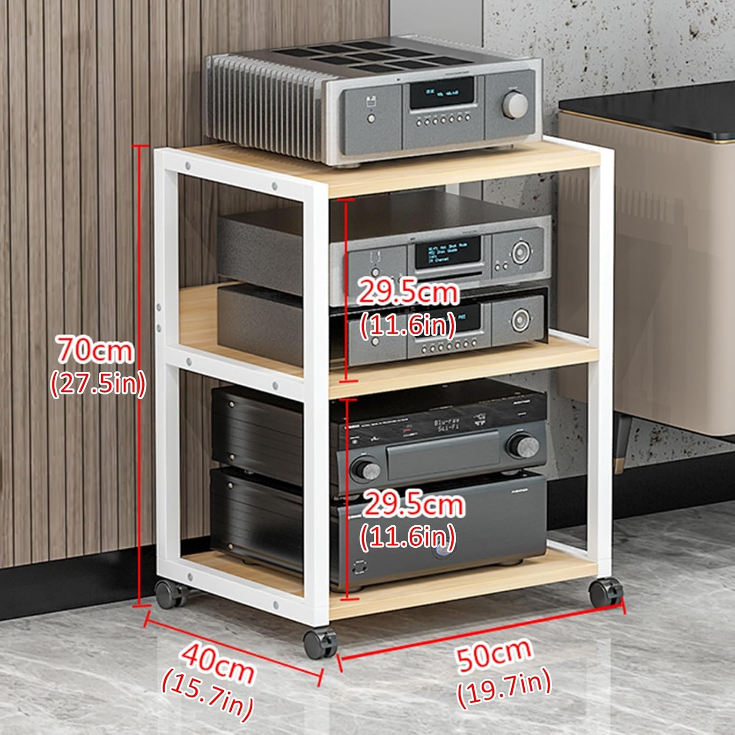 3-Tier AV Media Stand Corner Shelf Wooden Corner Shelves Component Cabinet Corner TV Entertainment Center Audio-Video Rack Stand CD DVD Record Player Stand For Home Theater(White Oak