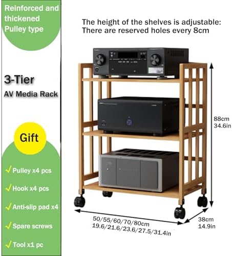 USZWBY Media Stereo Cabinet Stand2/3 Tier Av Media Stand Entertainment Wooden Stereo Shelf Tower HiFi Rack Component Cabinet Corner Cd Record Player Holder S(Natural-50X38X88Cm)