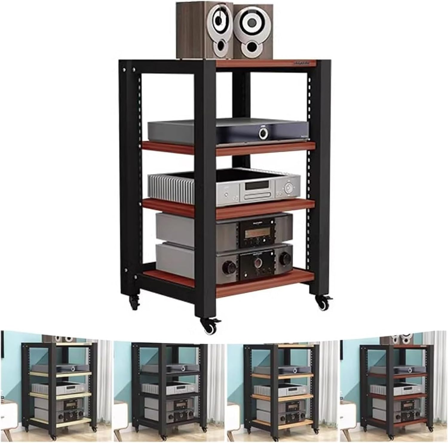 Multifunctional HiFi Audio Rack on Wheels - Heavy-Duty Adjustable Stereo Cabinet with Teak Finish (60x50x85cm) for Optimal Sound System Storage and Organization
