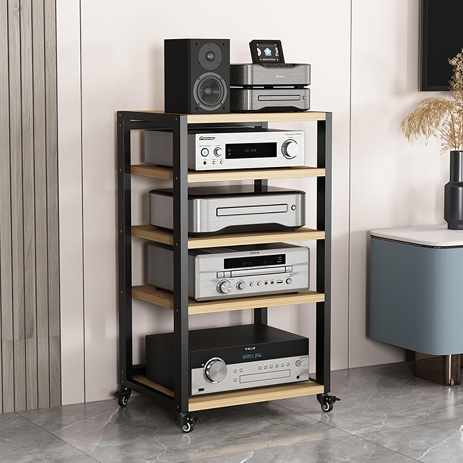 UYCVT Movable Media Stand Movable Corner Av Media Stand with 5 Tier Wooden Shelves