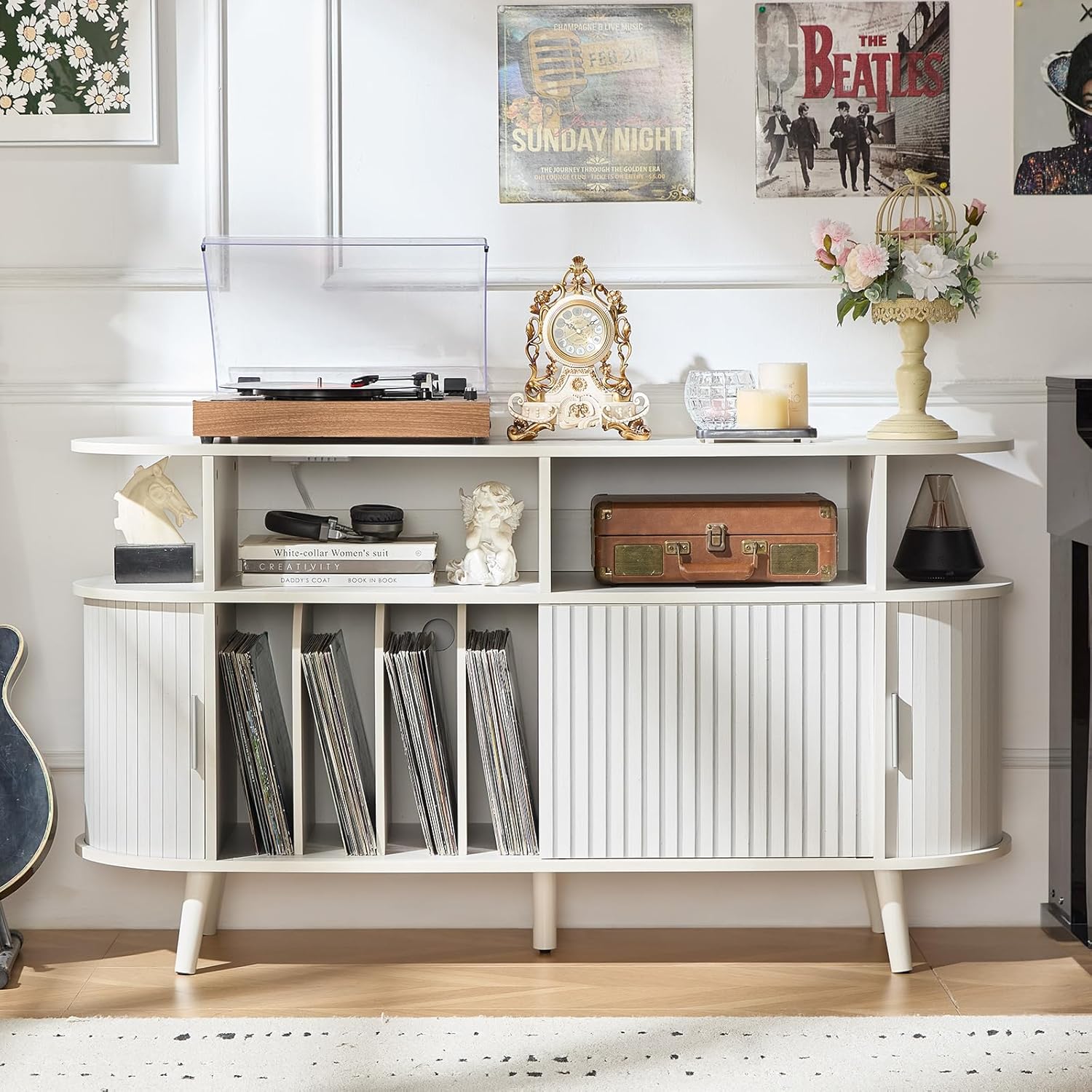 LELELINKY Large Round Record Player Stand with Charging Station & Fluted Panel