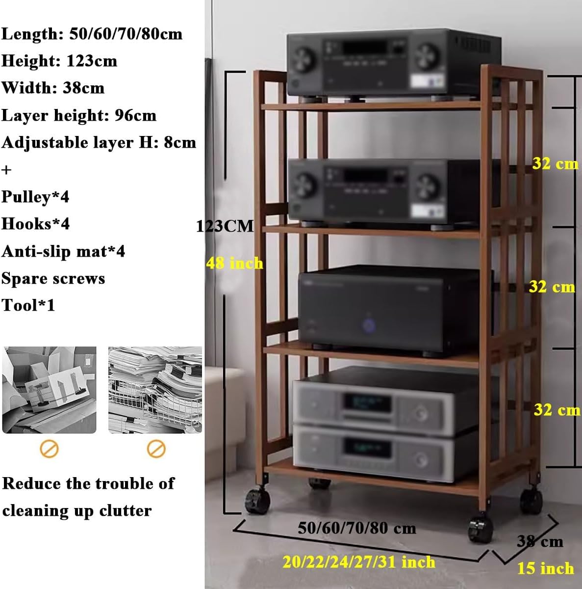 WUHUQN Media Stand 4 Tier Audio Video Rack Tower Media Speaker Stand