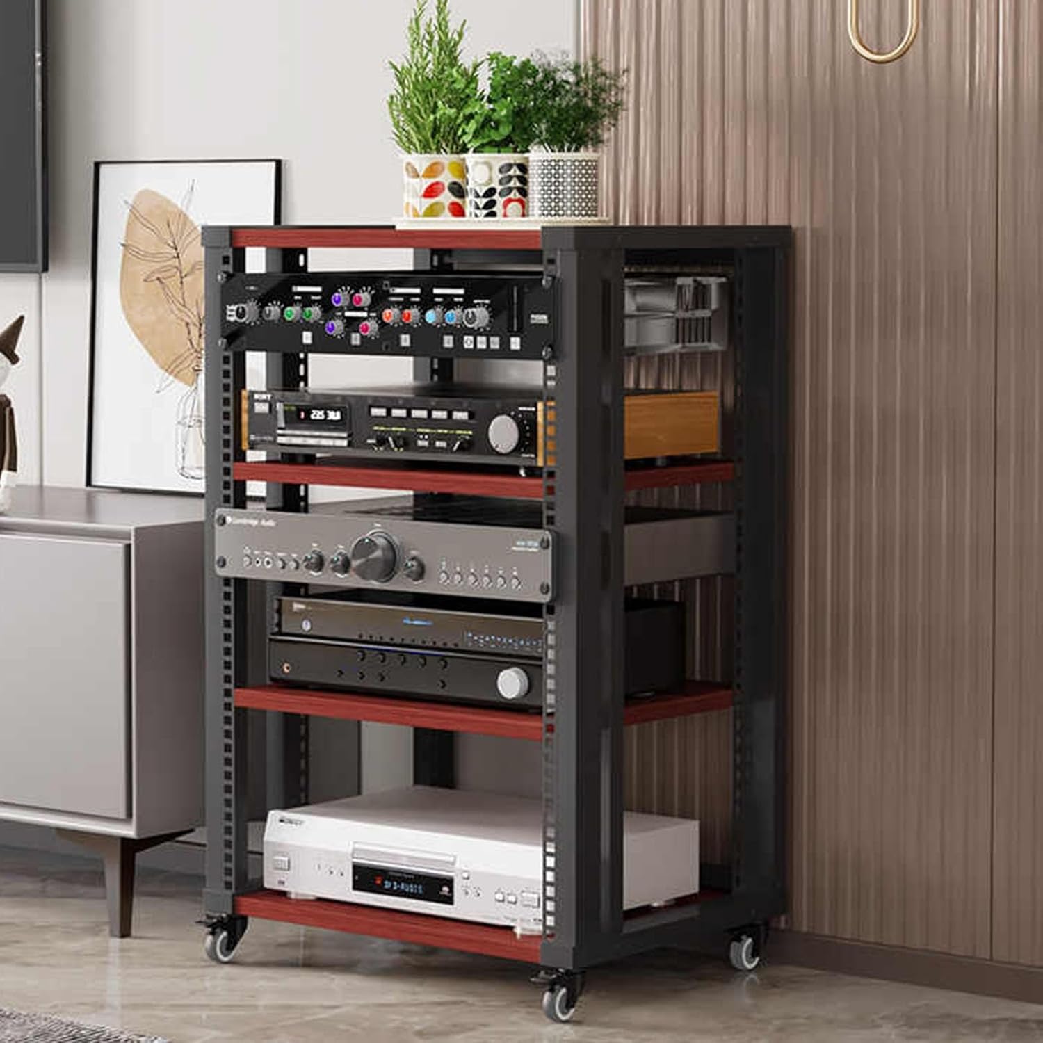 YLQFGUVWK Record Player Stand 4 Tier Wooden Shelves with Height Adjustable Wooden Shelves for Av Amp/Turntable/Skybox/Printer(Red Teak)