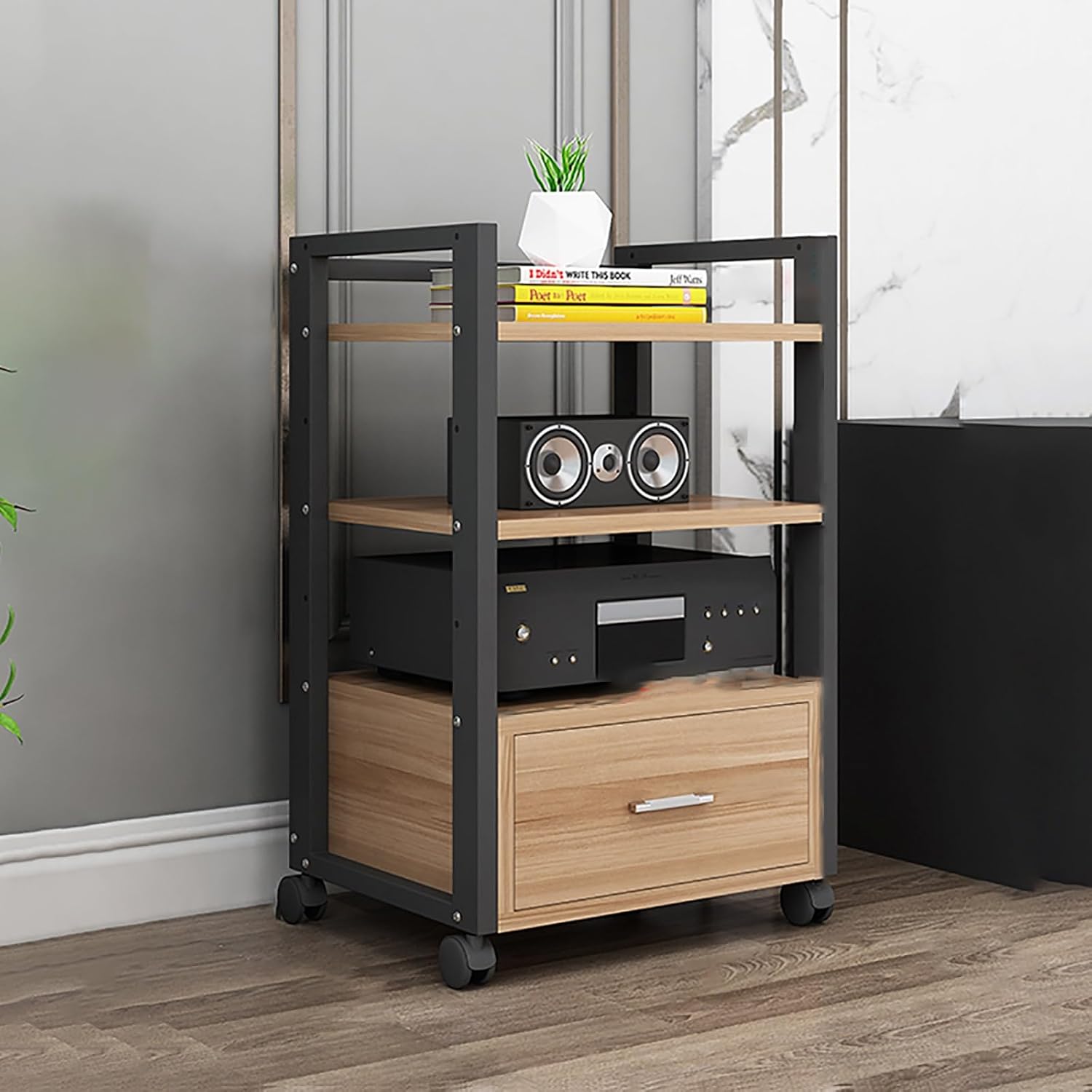 3/4/5 Tier Floor-Standing Audio Rack Media Stand with Universal Wheels Stereo Rack with Drawer Movable Corner Audio Rack AV Media Stand Corner Shelf for Meeting Living Recording Room.(Black