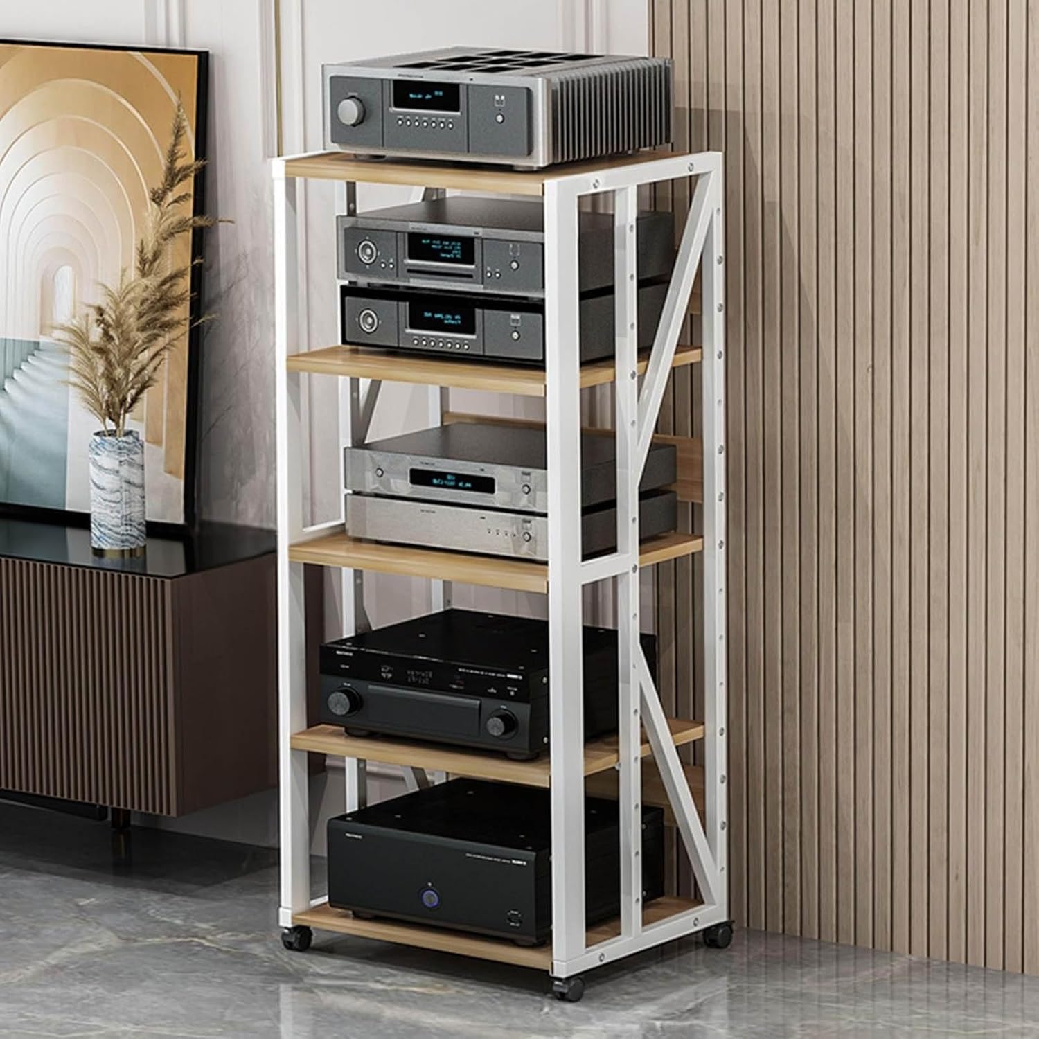 LjsJawrxen Wooden Audio Stand Audio Cabinet 5-Tier Corner Shelf Movable AV Media Player Stand Multi-Function Audio-Video Shelving Stereo Cabinet Furniture for Home/Office/Theater