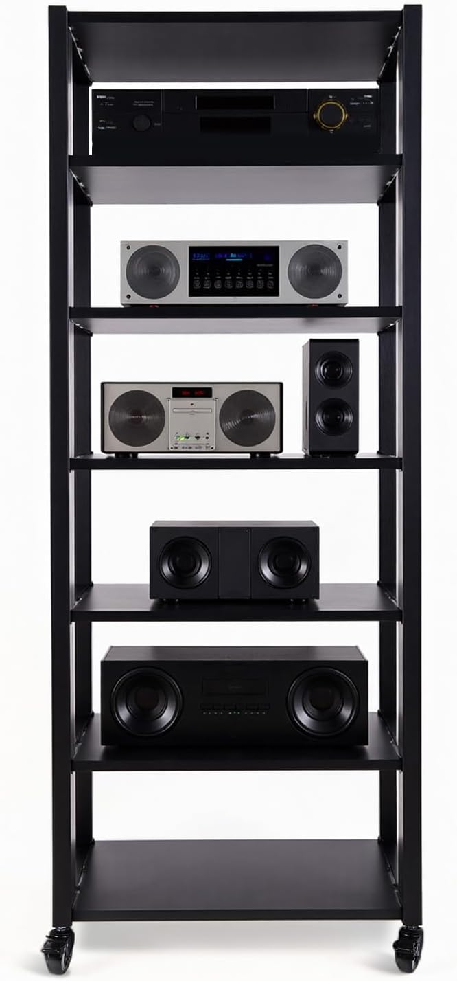 Media Storage Shelf with Wheel Audio Media Stand Adjustable Media Console Cabinet Shelf Heavy Duty for CD Record Player Stereo Receiver AV Equipment