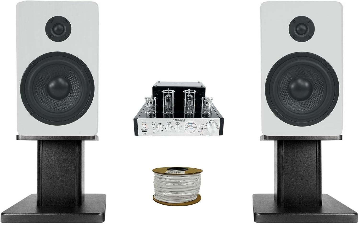 Rockville BluTube 70w Tube Amplifier Receiver Bundle Blue 14G50 OFC, Pair RockShelf 54W Speakers & 2 RHT8C Computer/Bookshelf Desktop Speaker Stand (4 Items)