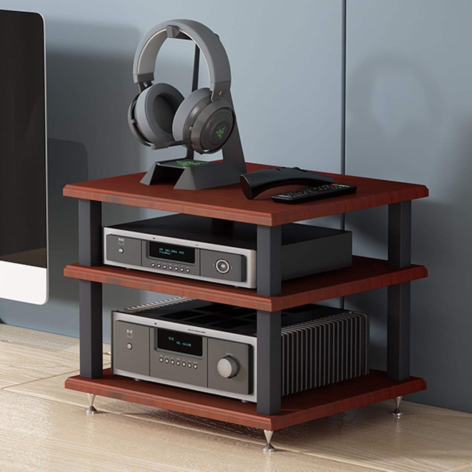 4-Tier AV Media Stand Corner Shelf Audio-Video Rack Stand Entertainment Video Game Console Cabinet Shelf Display Record Player Stereo Receiver for Living Gaming Recording Room(Teak