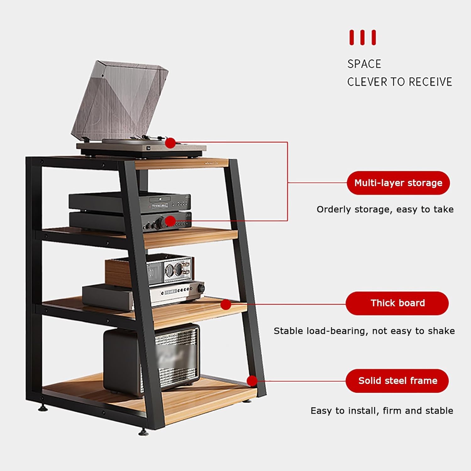 4 Tier Av Media Stand with Shelf Height Adjustable Component Cabinets